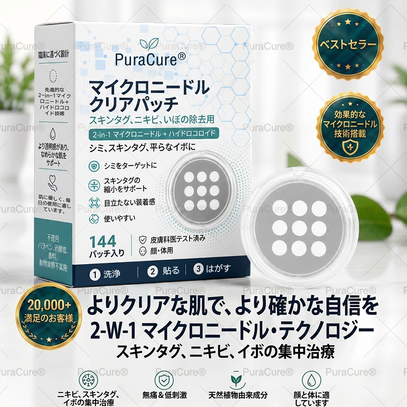 ✨✨PuraCure® 2-in-1 マイクロニードル＆ハイドロコロイドパッチ🍀| 盛り上がったホクロ・ニキビ・扁平イボ・スキンタッグのケアに | シワ・ニキビ跡・肌の色ムラをケア | 目立たない透明パッチ（顔・体用）
